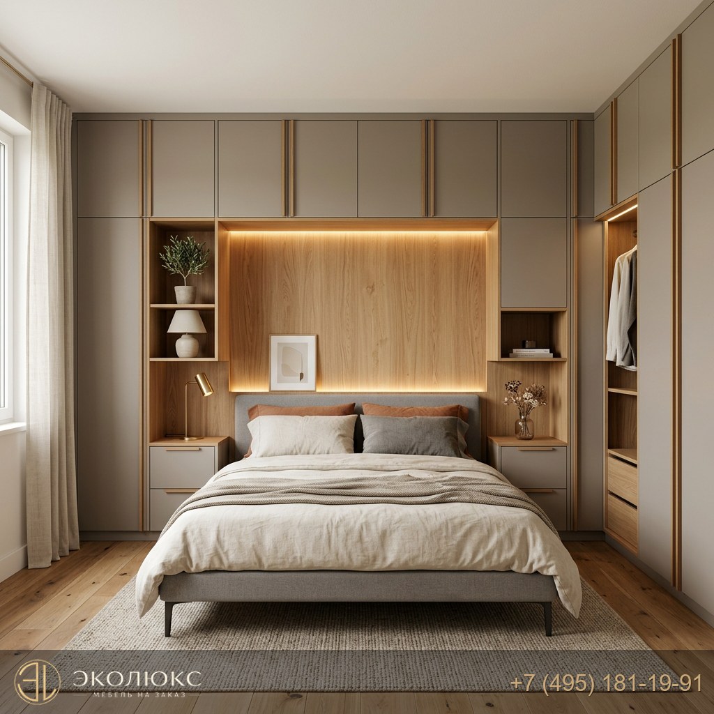Встроенная спальня с подсветкой и шкафами